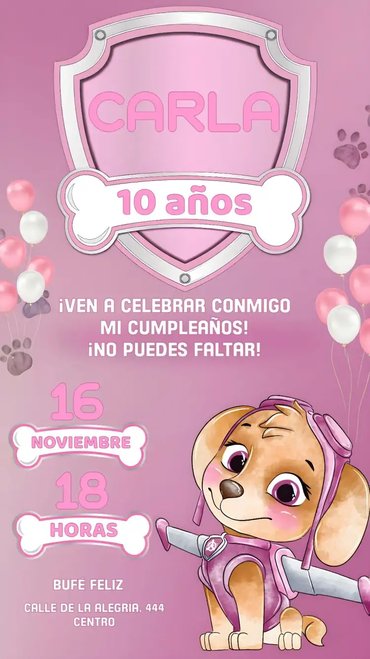 Invitación Skye Patrulla Canina Globos – tema Cumpleaños Infantil rosa, acuarela, infantil, divertido, colorido
