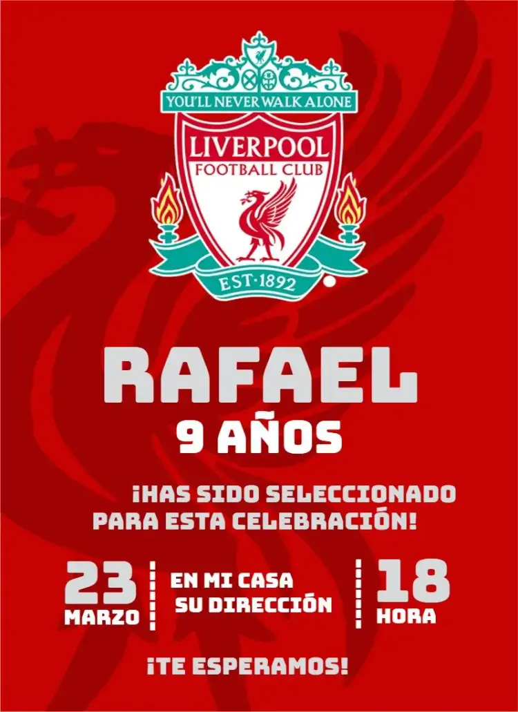 Invitación Liverpool 3 – tema Cumpleaños fútbol, rojo y blanco, moderno, dinámico, temático, deportivo