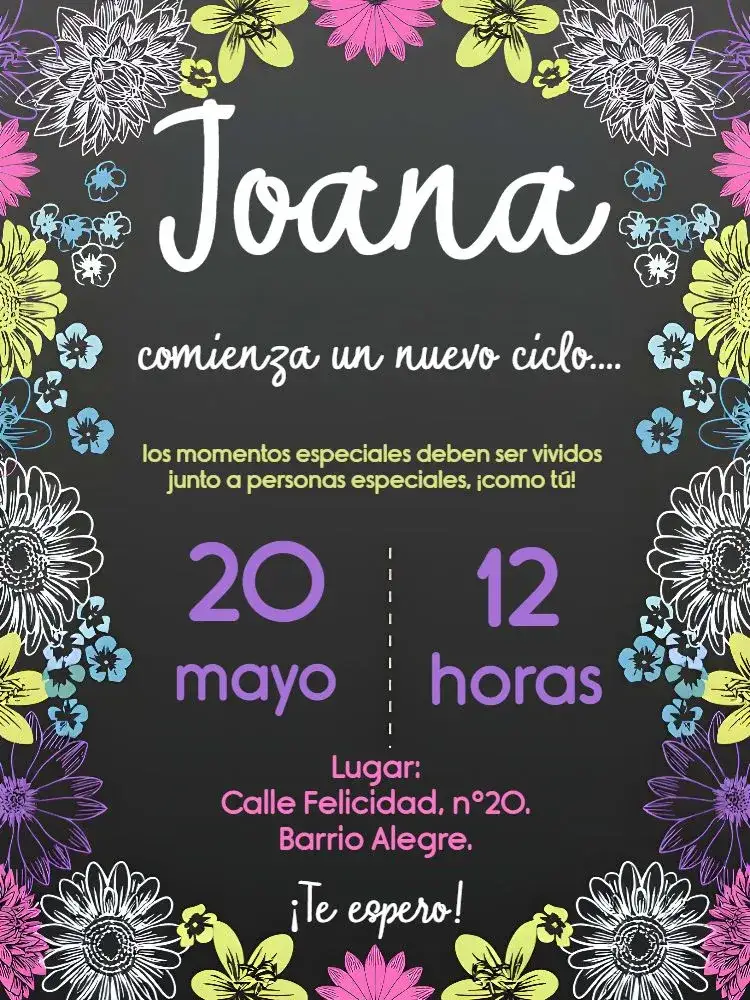 Invitación Pizarra Floral Chalkboard – tema Cumpleaños floral, pizarra, colorido, primavera, moderno