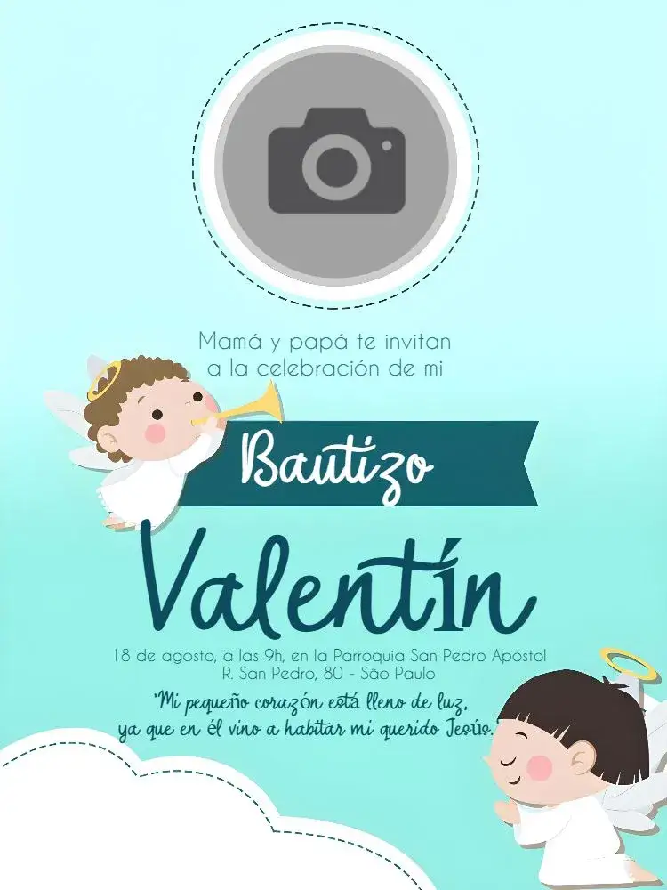 Invitación Bautizo Con Foto Niño – tema Bautismo azul, ángeles, minimalista, moderno, infantil