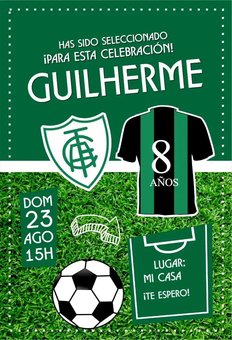 Invitación América Mineiro camiseta – tema Cumpleaños colorido, fútbol, moderno, vibrante, temático, deportivo