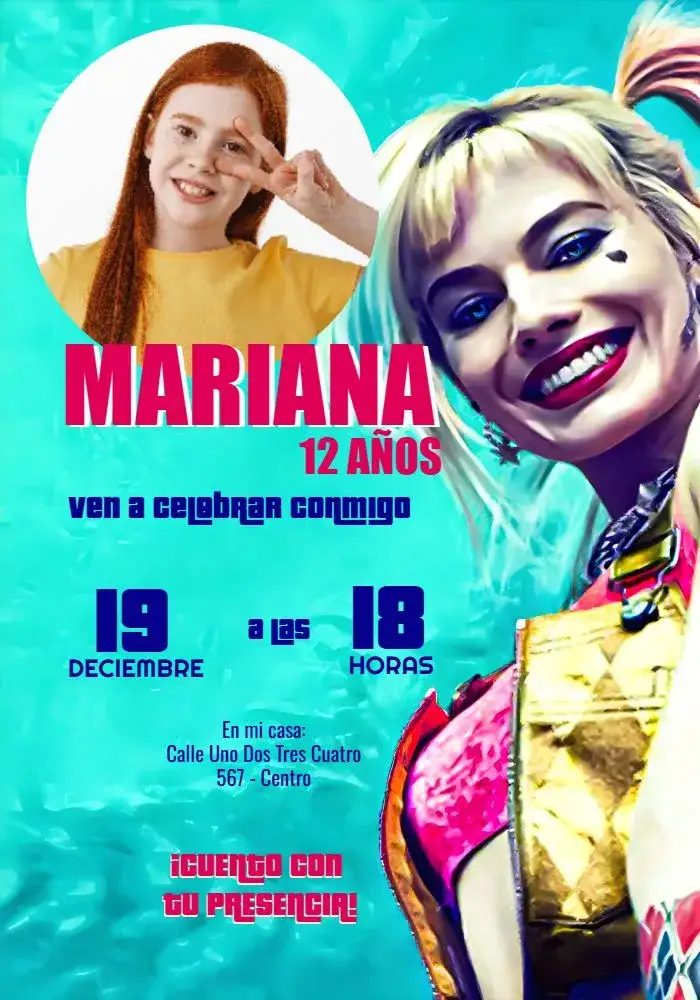 Invitación Arlequina Con Foto Película – tema Cumpleaños Infantil colores vibrantes, estilo de cómic, elementos gráficos de superhéroes, diseño moderno, estética divertida, temática de superhéroes