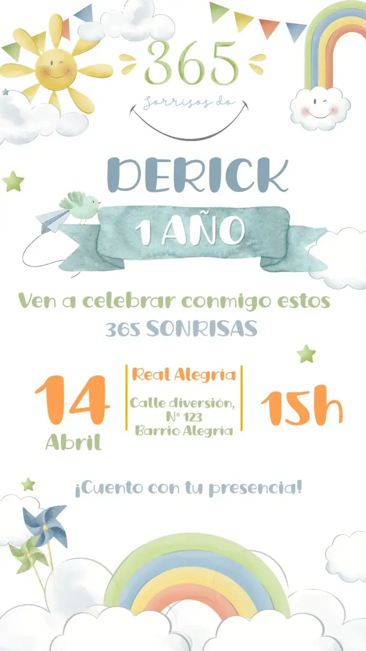 Invitación 365 Sonrisas – tema Cumpleaños Infantil colorido, divertido, lúdico, moderno, infantil