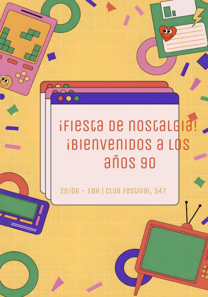 Invitación Anos 90 Tubo – tema 15 años colorido, nostálgico, vintage, pop art, jogos, cultura pop