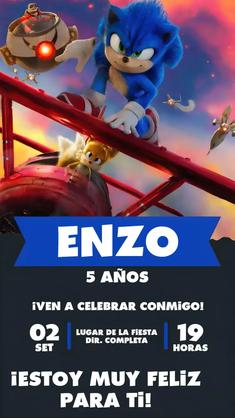 Invitación Sonic Infantil – tema Cumpleaños Infantil colorido, juegos, vibrante, divertido, moderno