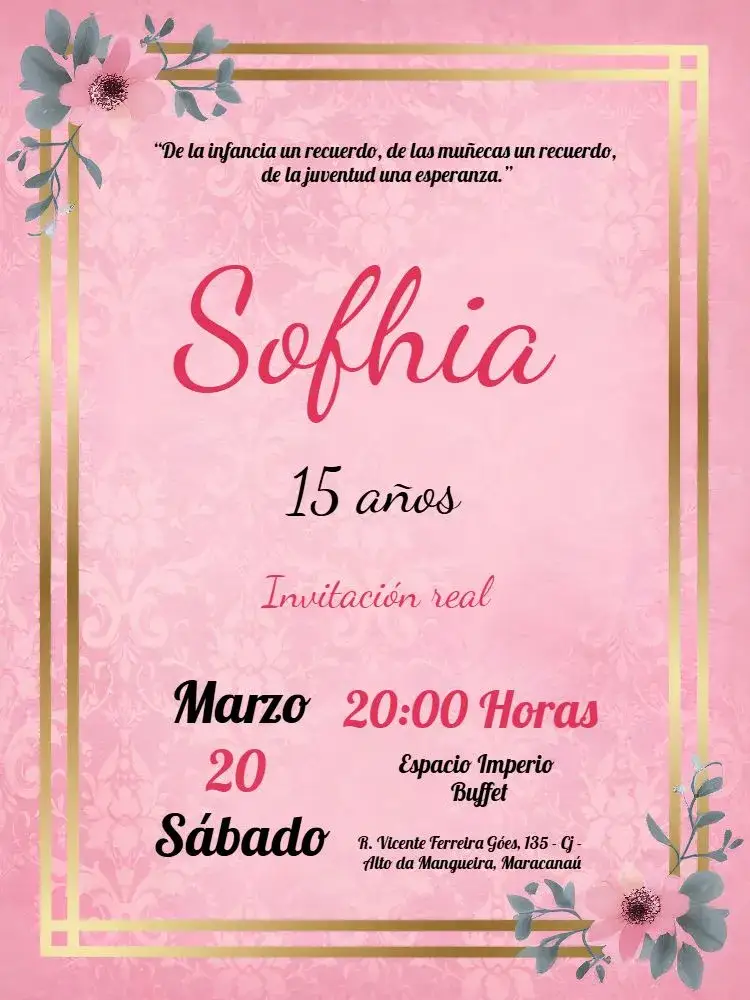 Invitación 15 Años Princesa Flores – tema 15 años floral, elegante, romántico, moderno, dourado, rosa