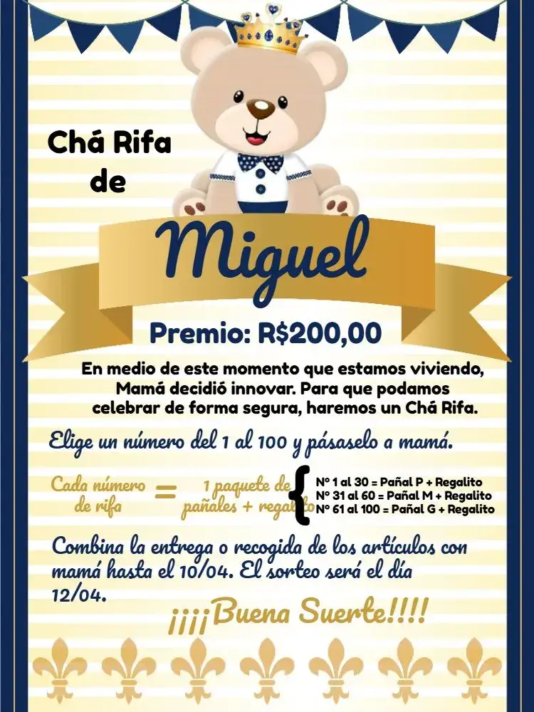 Invitación Té Rifa Osito Príncipe Príncipe.té – tema Té Rifa azul, dorado, oso de peluche, moderno, lúdico, infantil