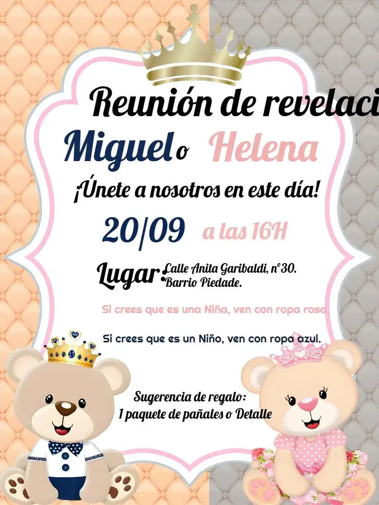 Invitación Baby Shower Revelación Príncipe Osito y Princesa Osita Rosa – tema Revelación Bebé rosa, azul, realeza, coroa, ilustraciones adorables, estilo lúdico
