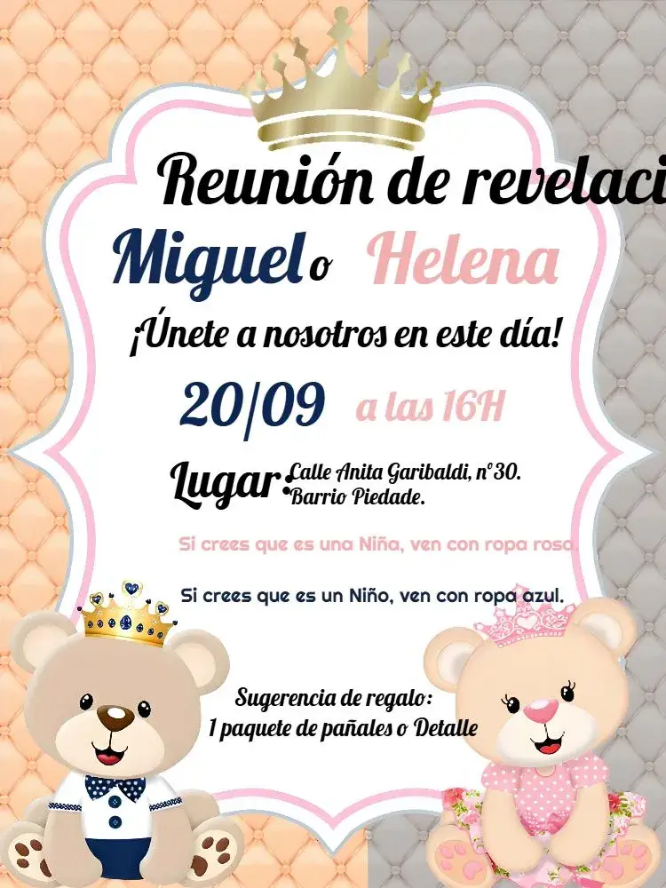Invitación Baby Shower Revelación Príncipe Osito y Princesa Osita Rosa editable y personalizable