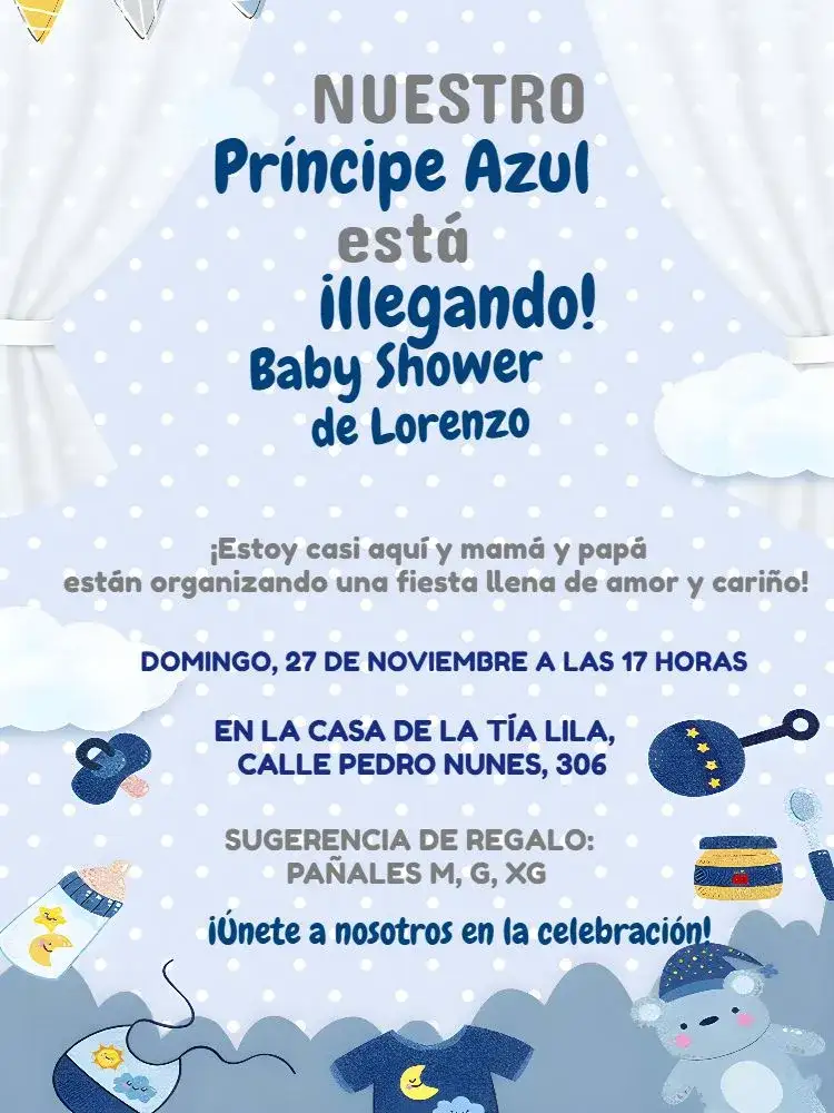Invitación Baby Shower Ositos Azules – tema Baby Shower azul claro, tierno, osos de peluche, ilustraciones infantiles, estilo lúdico, moderno