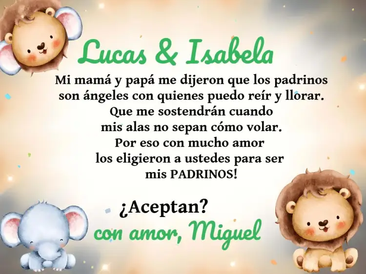 Invitación Padrinos De Bautismo Safari Angelito – tema Bautismo safari, animales, azul y blanco, divertido, infantil, angelitos