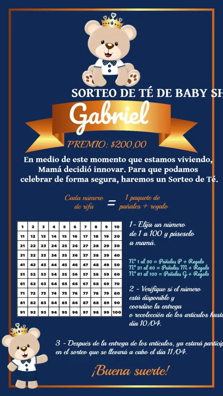 Invitación Té Rifa Osito Príncipe Bebé – tema Té Rifa azul, dorado, blanco, osito, infantil, elegante