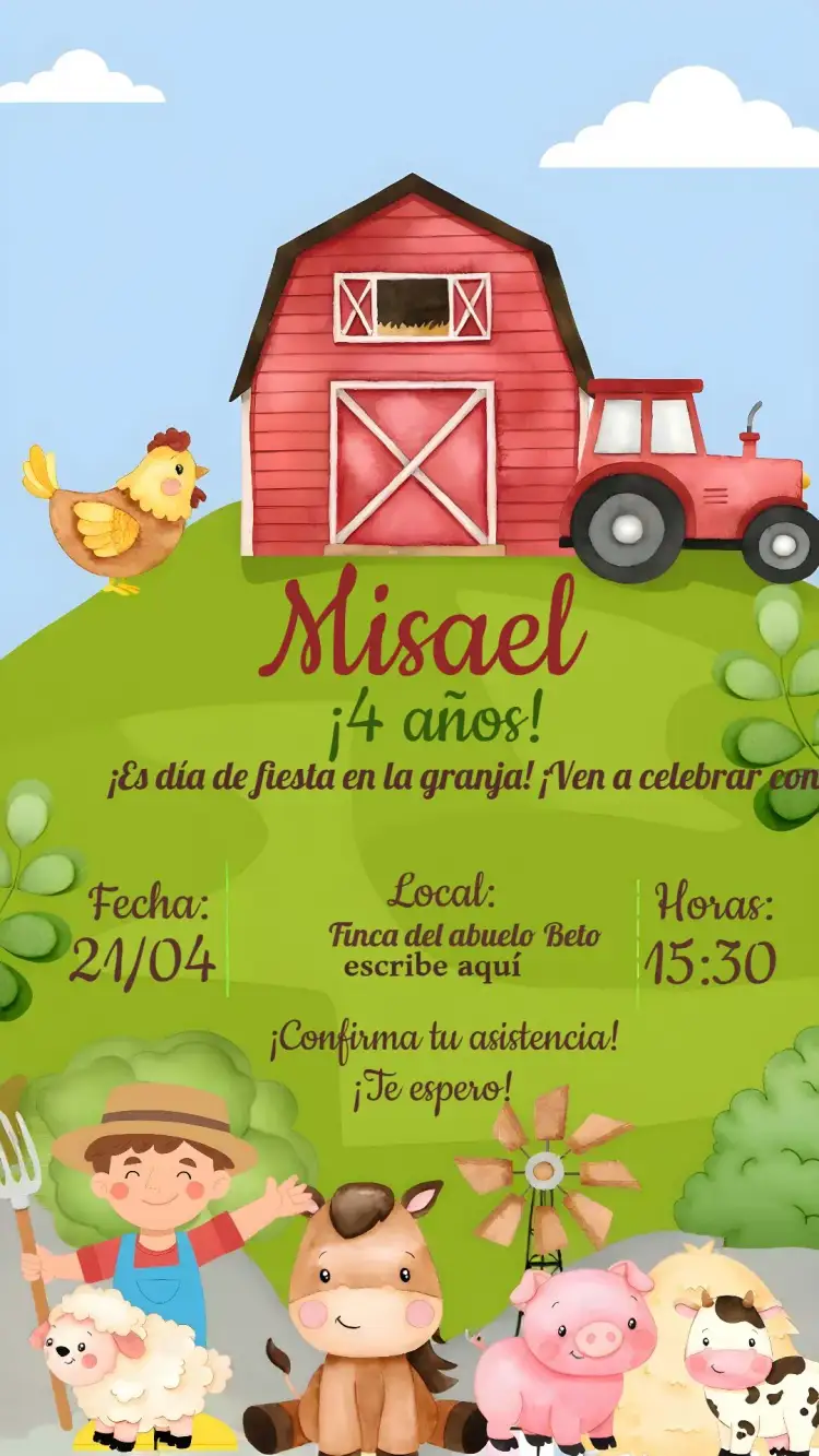 Invitación Granja Granja – tema Más buscados colorido, divertido, rústico, infantil, natural, ilustraciones de animales