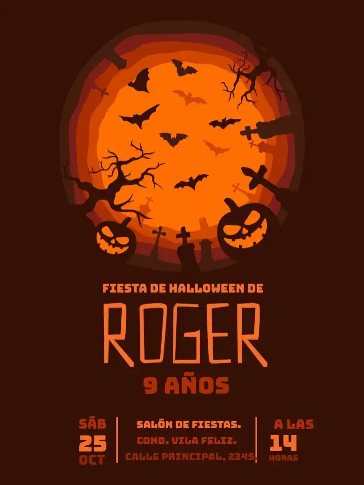 Invitación Halloween Hallowen – tema Cumpleaños Infantil oscuro, naranja, aterrador, fiesta temática, elementos gráficos de Halloween, mágico