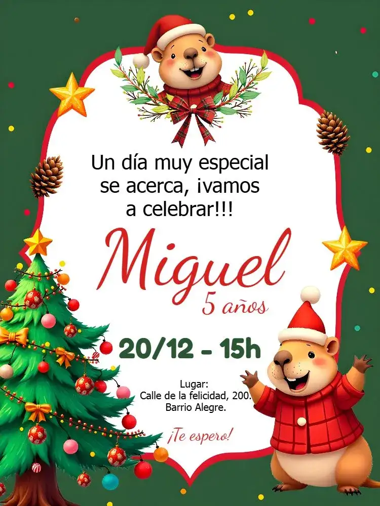 Invitación Capibara Navidad Árbol – tema Cumpleaños Infantil colorido, lúdico, festivo, navideño, infantil, naturaleza