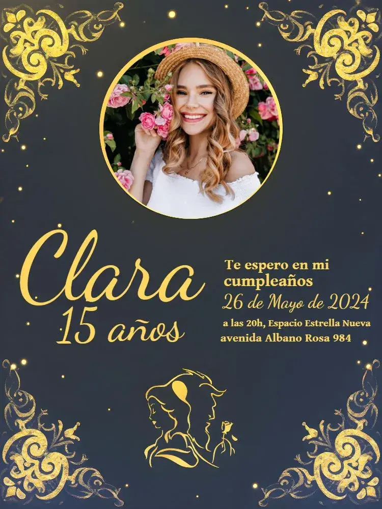 Invitación Bella y La Bestia Con Foto Dorada