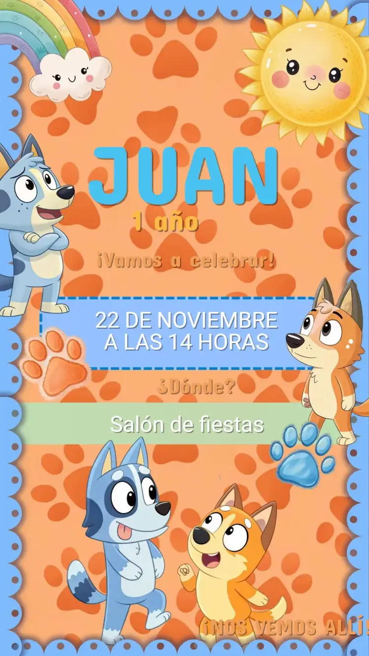 Invitación Invitación Cumpleaños Bluey – tema Cumpleaños Infantil colorido, divertido, ilustrativo, animado, infantil