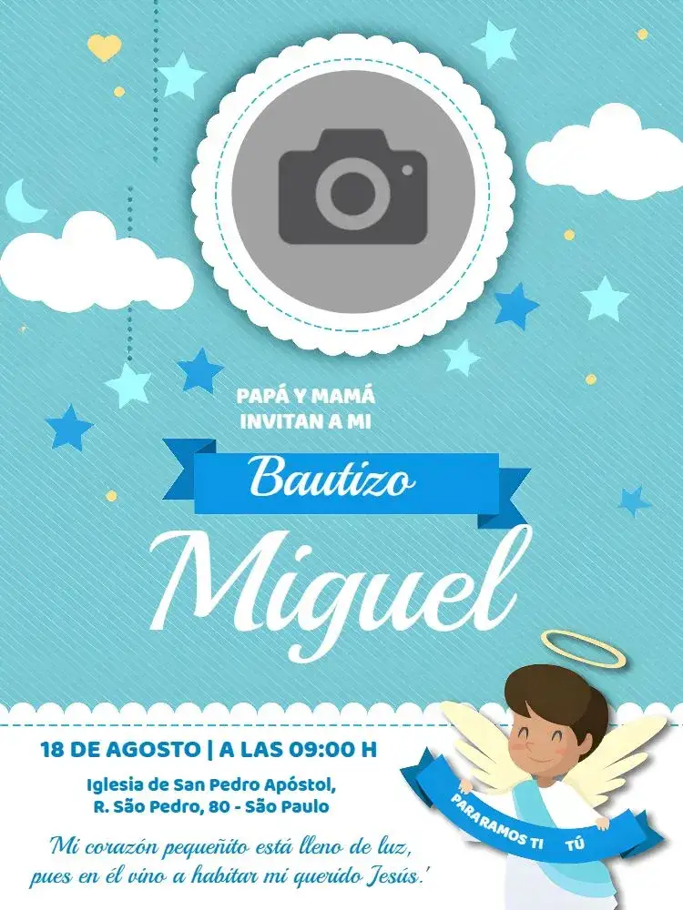 Invitación Bautizo Con Foto Niño – tema Bautismo azul, ángeles, moderno, delicado, infantil