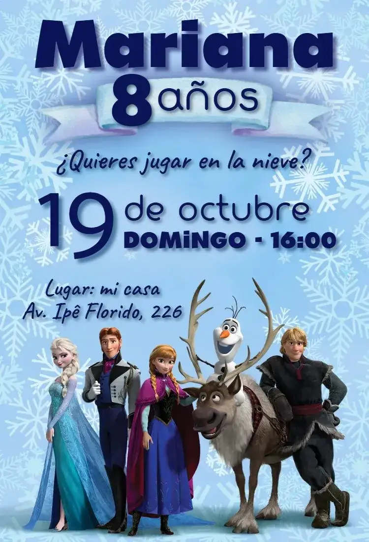 Invitación Frozen Elsa – tema Cumpleaños Infantil azul frío, mágico, princesas de Disney, nieve, blanco y azul, fantasía