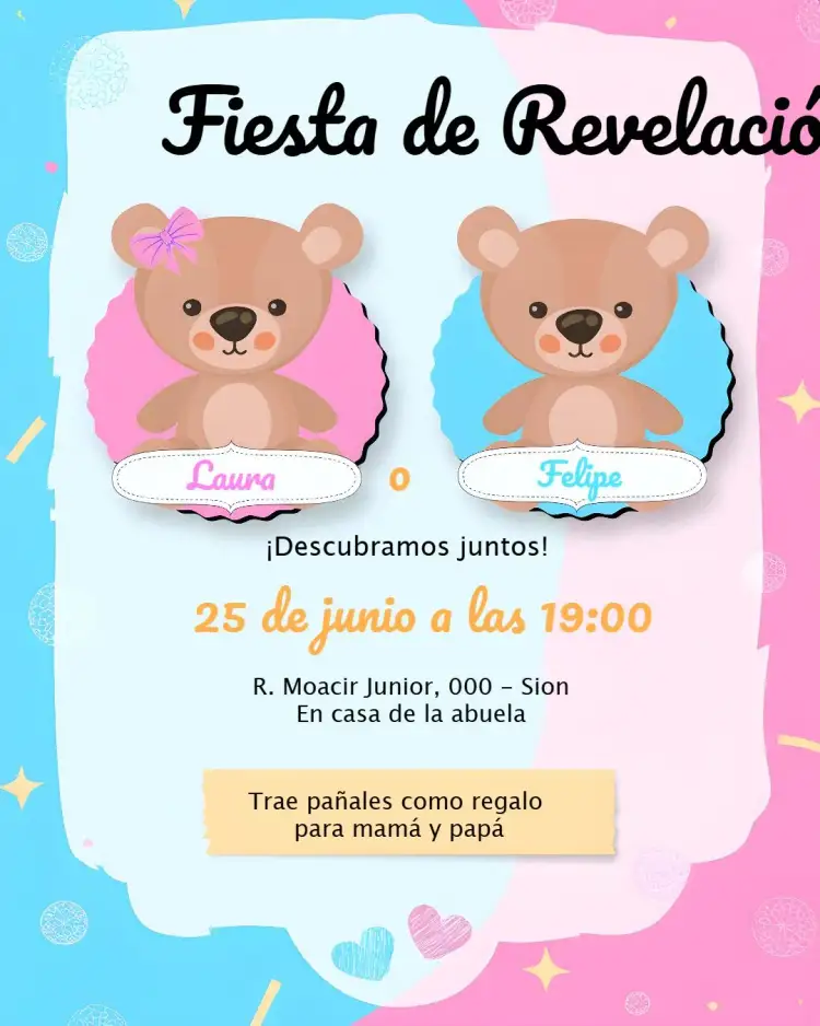 Invitación Revelación de Género Ositos Niña – tema Cumpleaños Infantil oso, rosa, divertido, infantil, lúdico, colorido