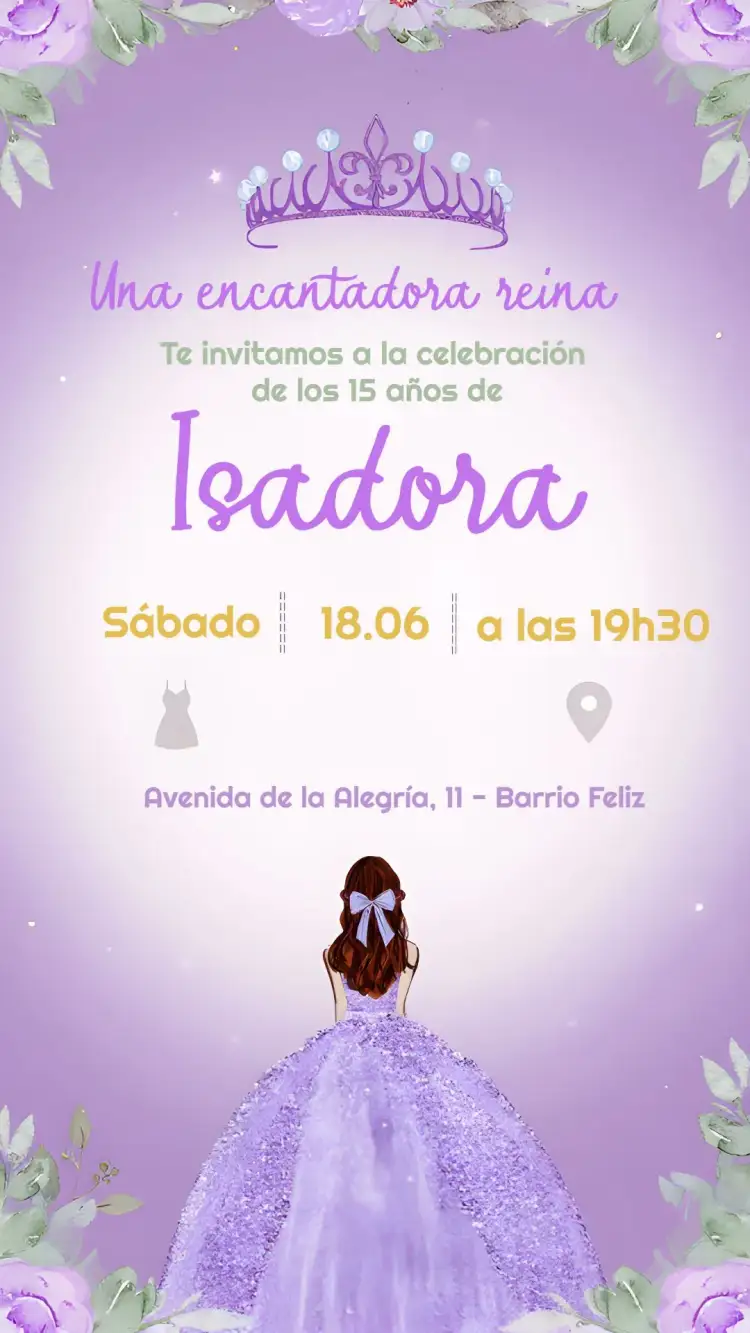 Invitación 15 Años Debutante Princesa – tema 15 años lila, morado, princesa, romántico, elegante, festivo