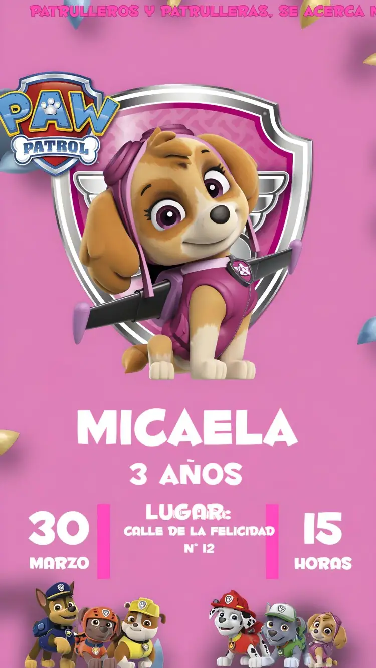 Invitación Skye Patrulla Canina Cachorro – tema Más buscados rosa, divertido, infantil, colorido, temático, moderno