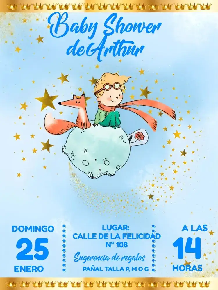 Invitación Baby Shower El Pequeño Príncipe Amarillo – tema Baby Shower amarillo y azul, elementos gráficos del espacio, ilustraciones del Principito, diseño lúdico, estilo contemporáneo, toques de color naranja