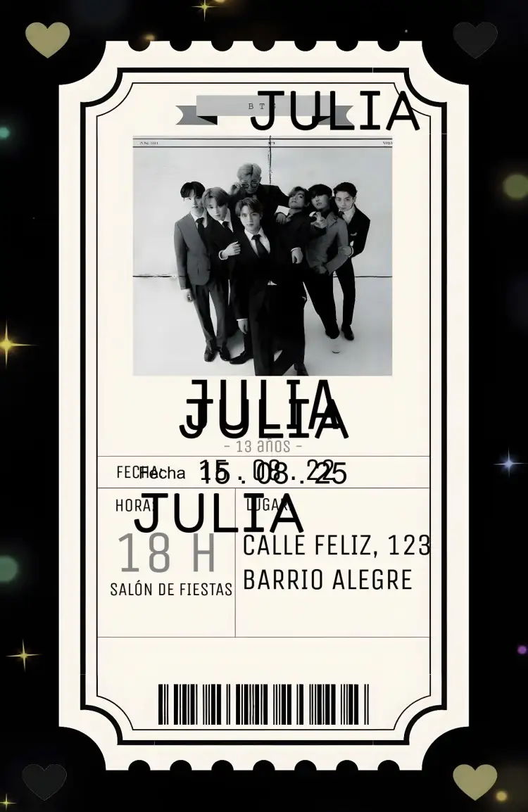 Invitación Bts Kpop Ticket – tema Más buscados moderno, minimalista, temático, en blanco y negro, pop, surcoreano
