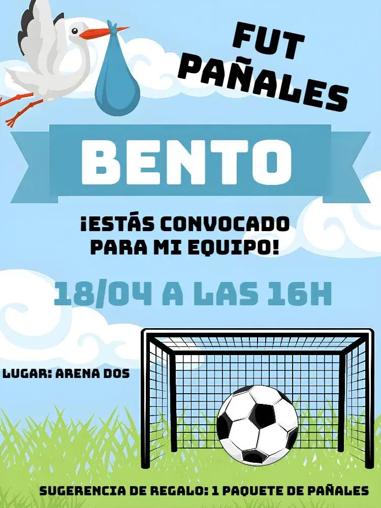 Invitación Fut Pañales Cigüeña – tema Baby Shower fútbol, azul, moderno, blanco, negro, infantil