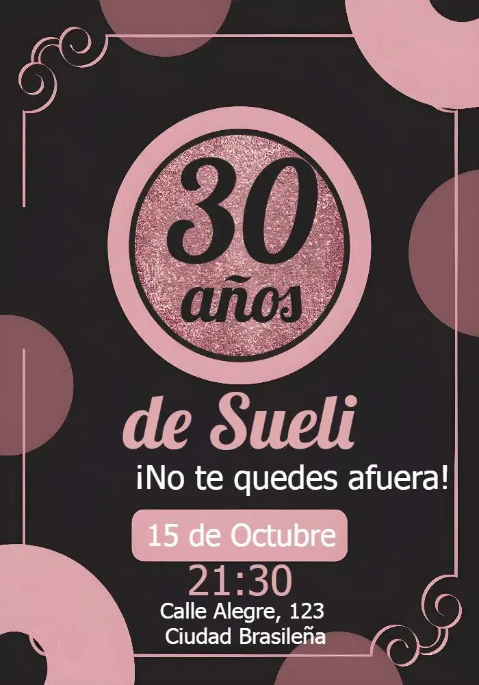 Invitación 30 Años Brillo Negro editable y personalizable