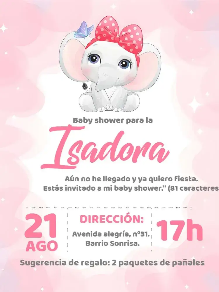 Invitación Baby Shower Elefantita Niña – tema Baby Shower floral, lúdico, romántico, colorido, infantil
