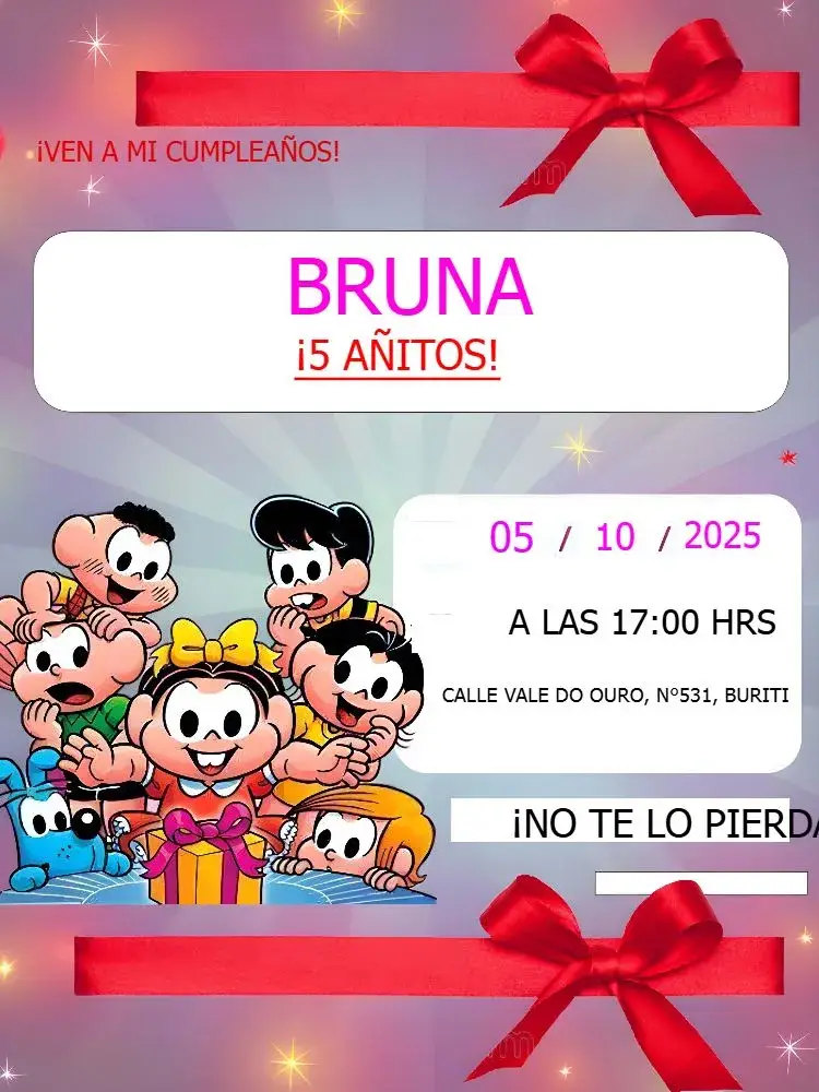 Invitación Turma Da Mónica Chica editable y personalizable