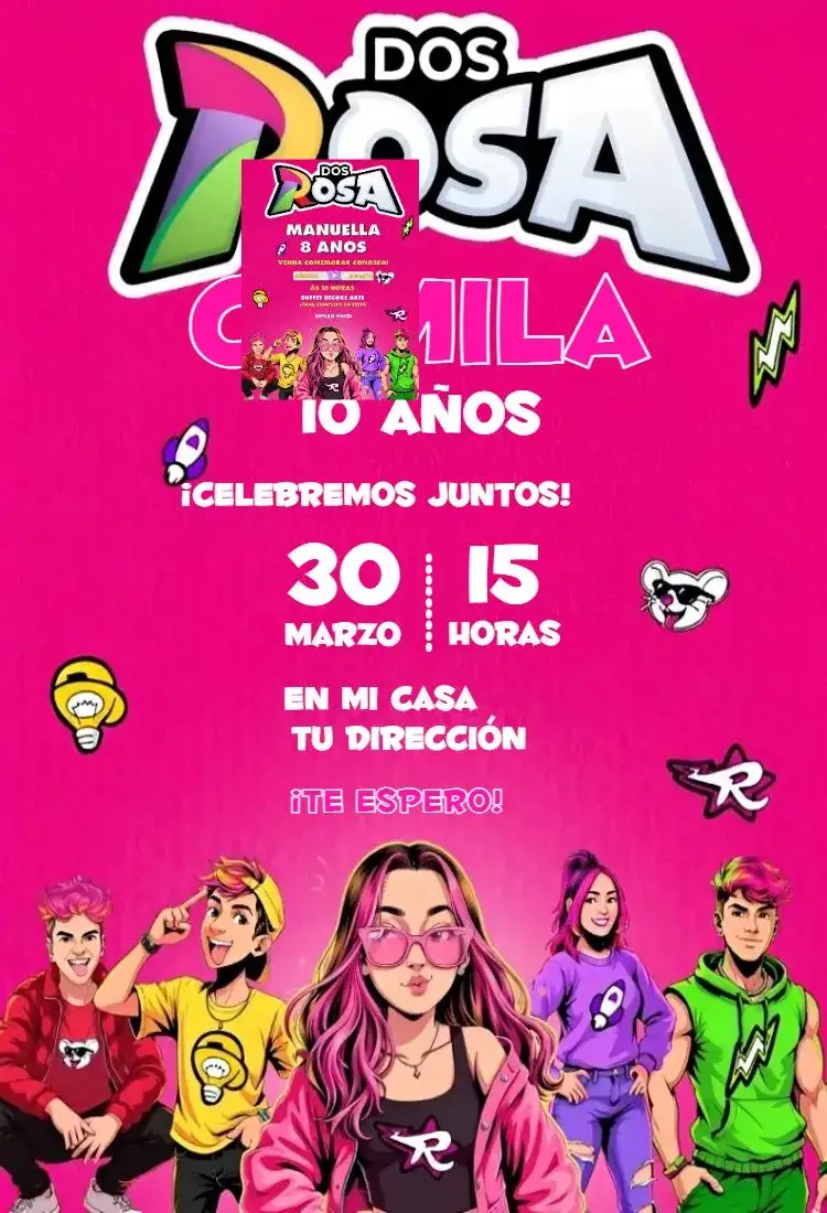 Invitación Emilly Vick 4 – tema Cumpleaños rosas, moderno, colorido, divertido, jovial
