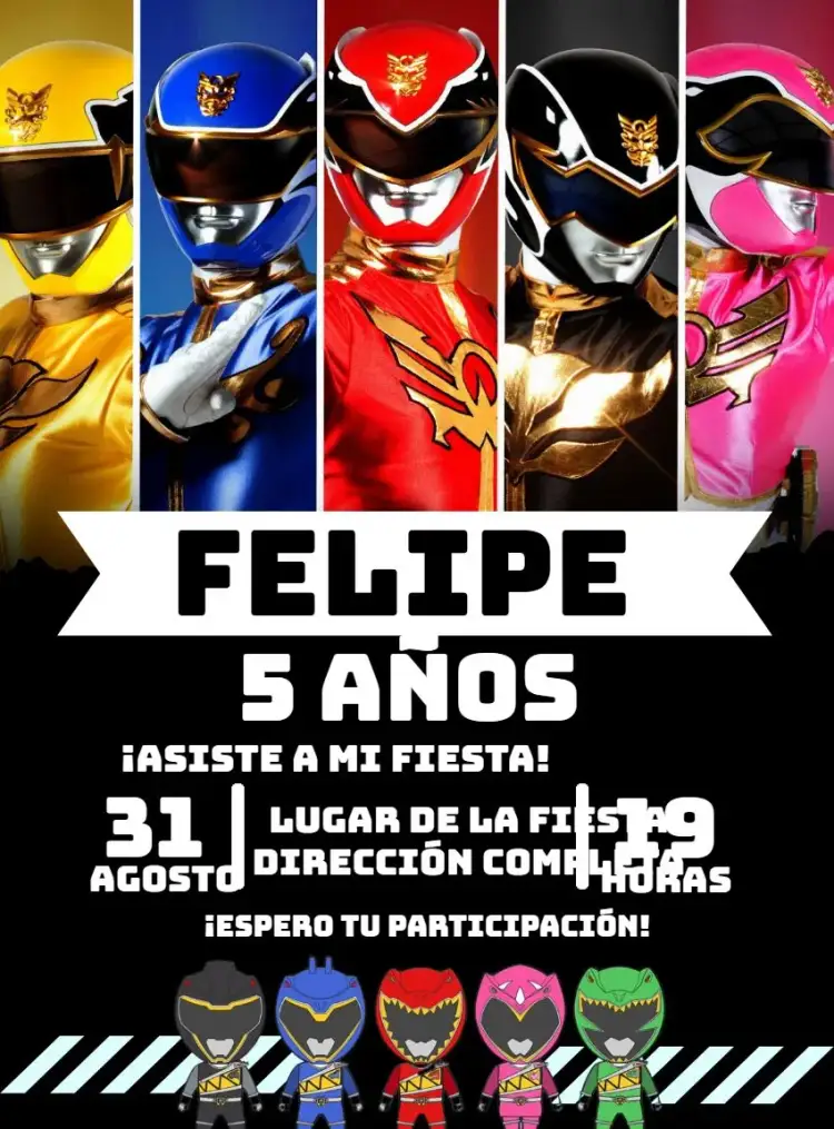 Invitación Power Rangers Super – tema Más buscados colorido, dinámico, acción, superhéroes, vibrante, moderno