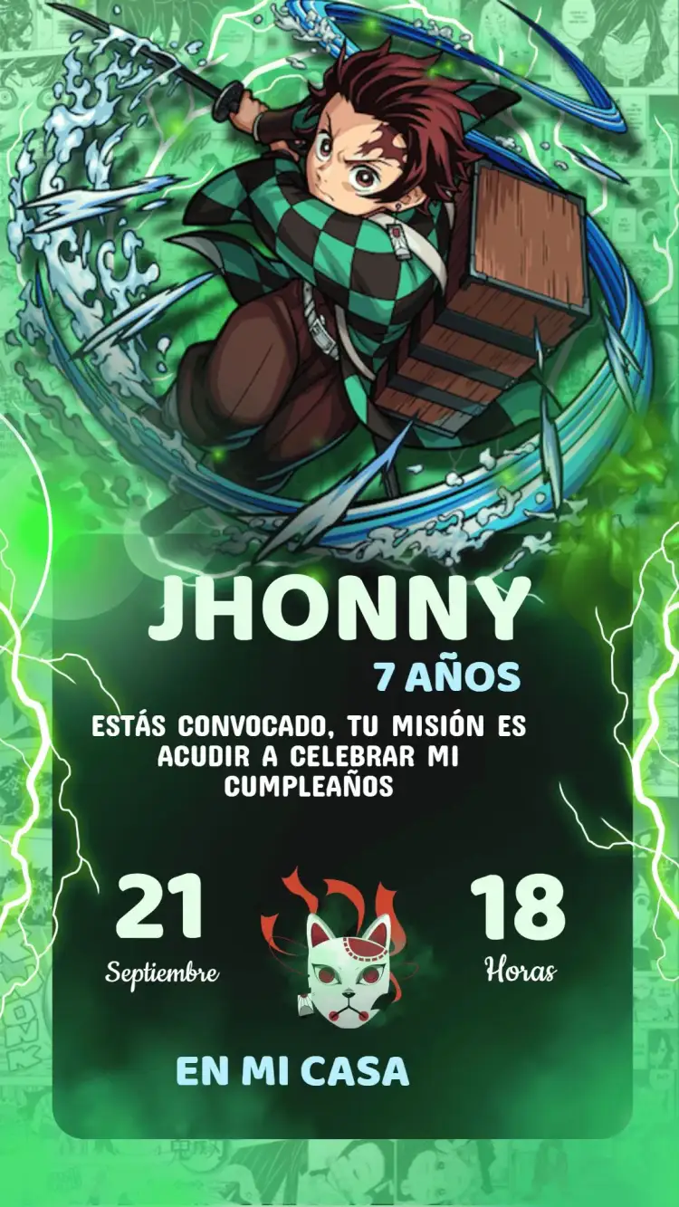 Invitación Invitación Cumpleaños Damon Slayer - Tanjiro – tema Cumpleaños Infantil anime, aventura, colorido, joven, dinámico