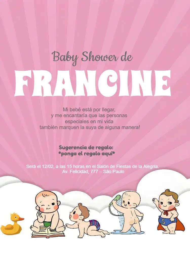 Invitación Baby Shower Niña Bebés – tema Baby Shower rosa, delicado, infantil, nubes, corazón, patito