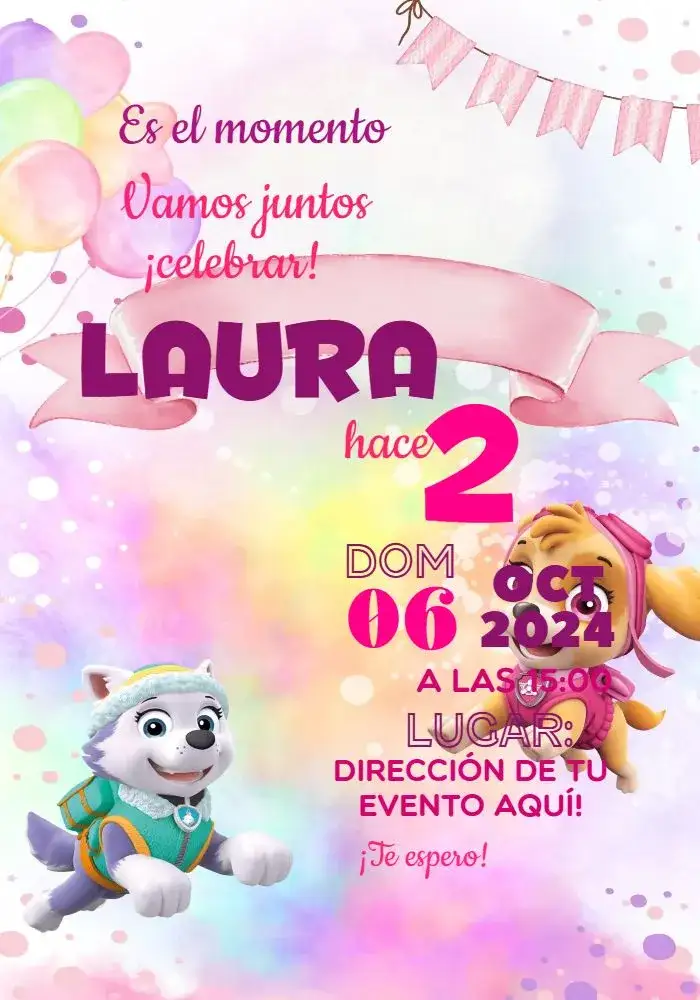 Invitación Patrulla Canina Rosa – tema Cumpleaños Infantil rosa, colorido, divertido, infantil, animales, temático