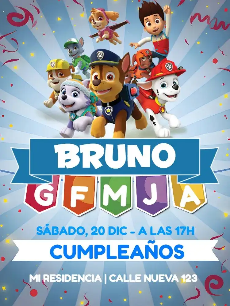 Invitación Patrulla Canina Nombre – tema Cumpleaños Infantil colorido, divertido, temático, infantil, moderno