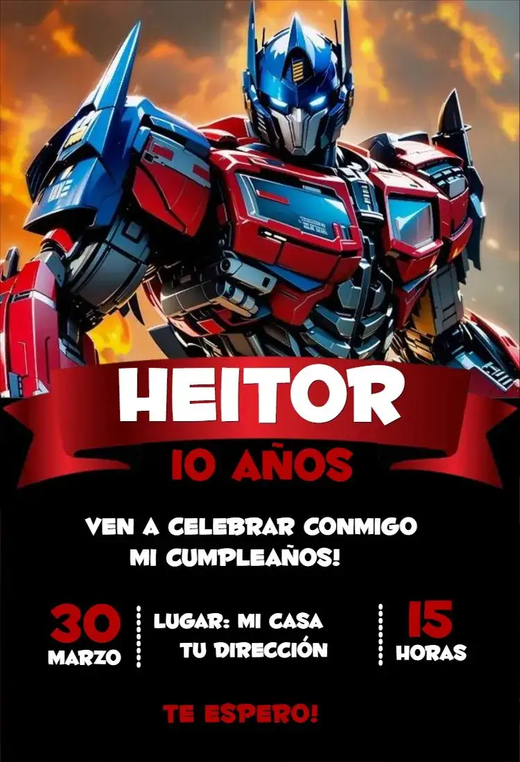 Invitación Transformers 4 – tema Cumpleaños vibrante, moderno, temático, colorido, divertido, infantil