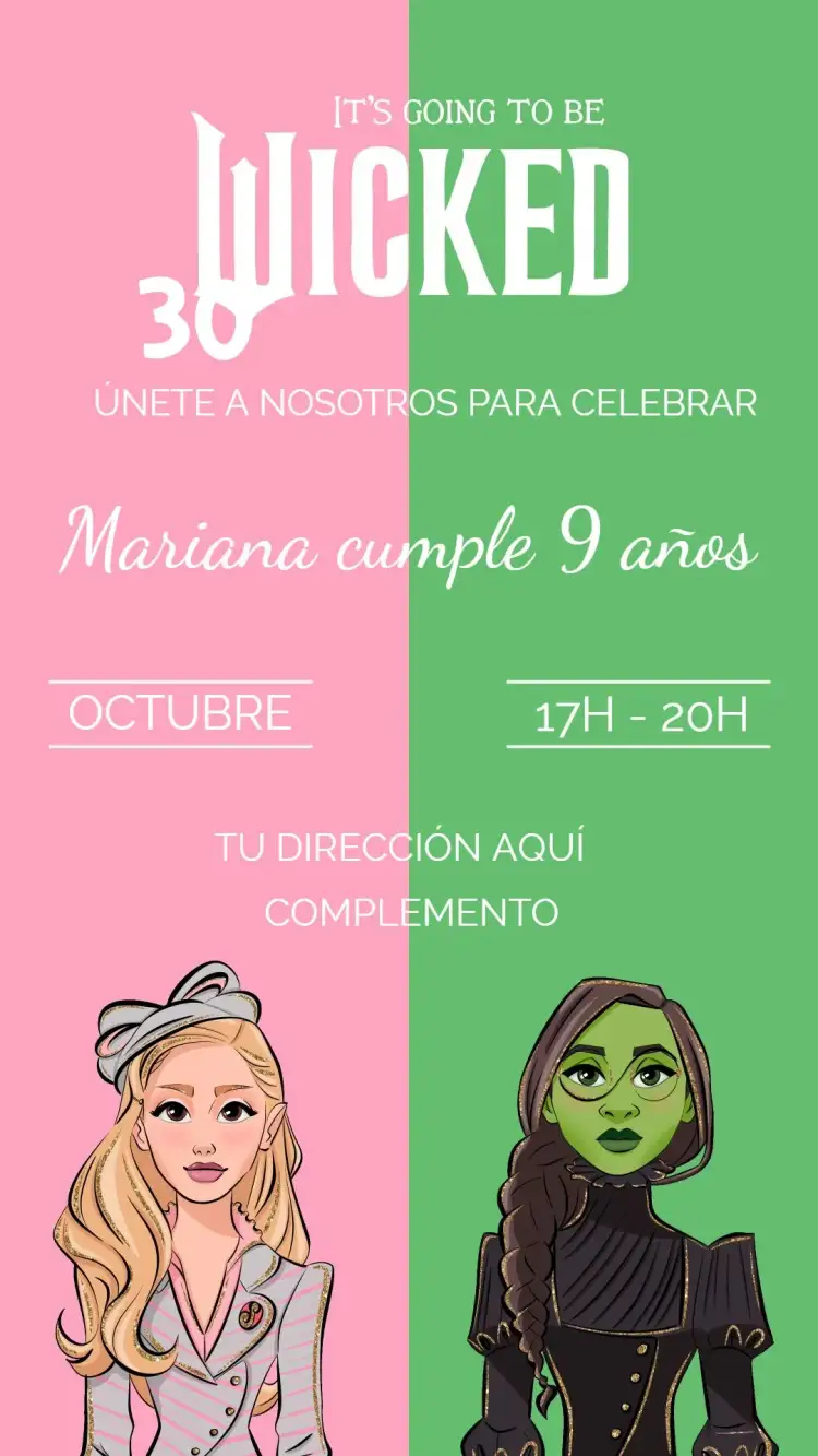 Invitación Wicked – tema Cumpleaños Infantil fantasía, colorido, mágico, lúdico, moderno