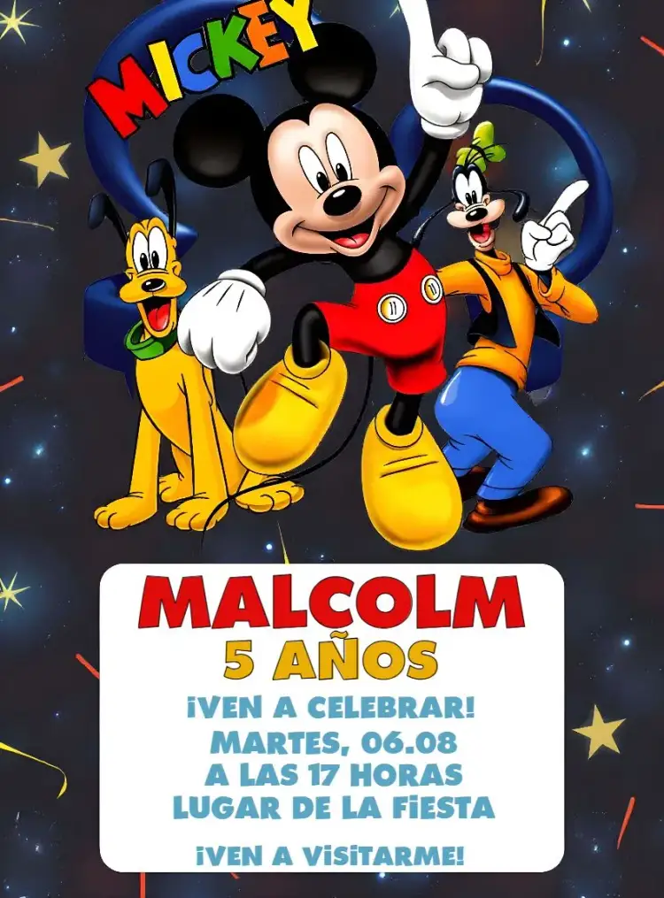 Invitación Grupo De Mickey Mouse Walt – tema Cumpleaños Infantil colorido, divertido, infantil, temático, vibrante