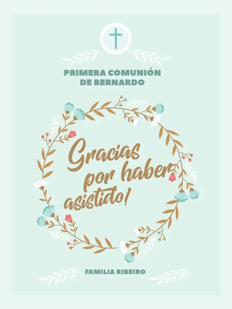 Invitación Tarjeta De Agradecimiento Presencia Primera Comunión Verde Encuentro – tema Tarjeta verde, floral, delicado, religioso, moderno