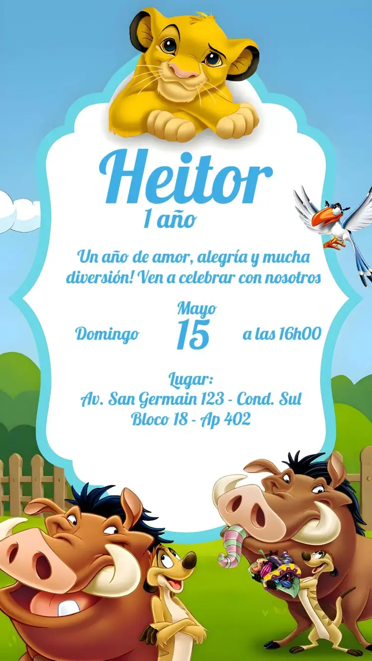 Invitación Rey León Pumba – tema Cumpleaños Infantil selva, colorido, divertido, animales, infantil, tropical