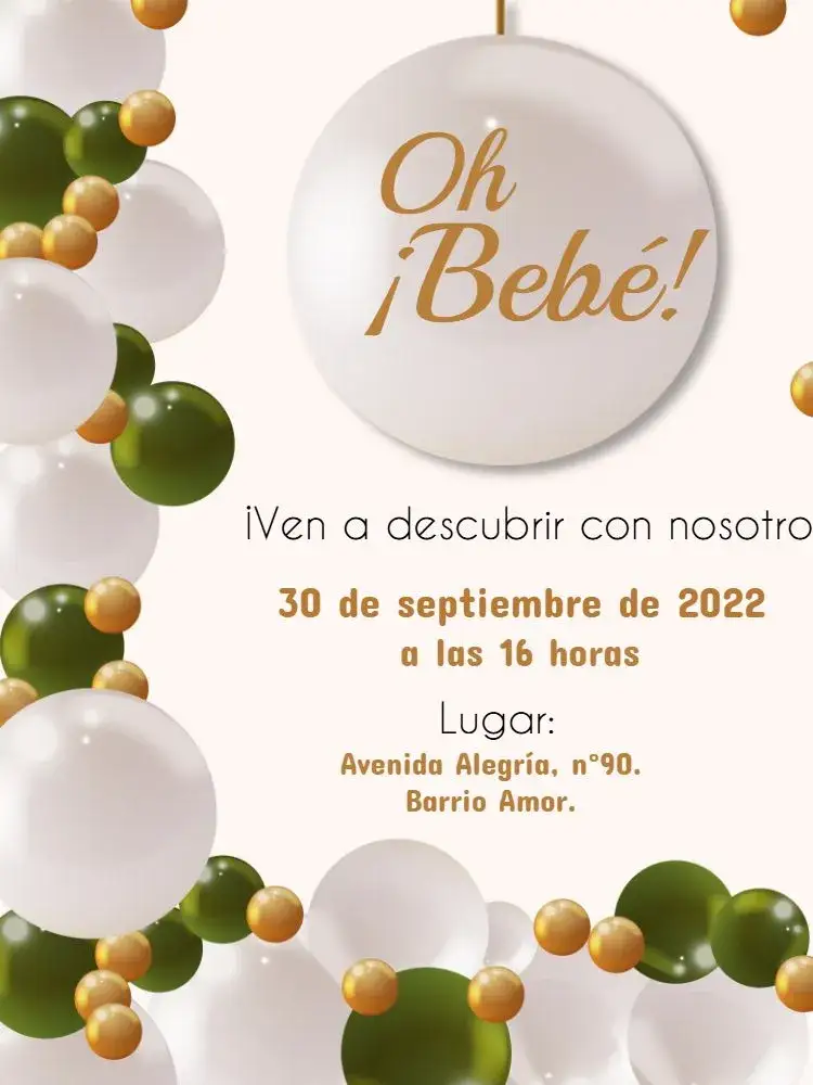 Invitación Chá Revelación Globos Niño – tema Revelación Bebé neutro, dorado, globos de colores, moderno, alegre, limpio