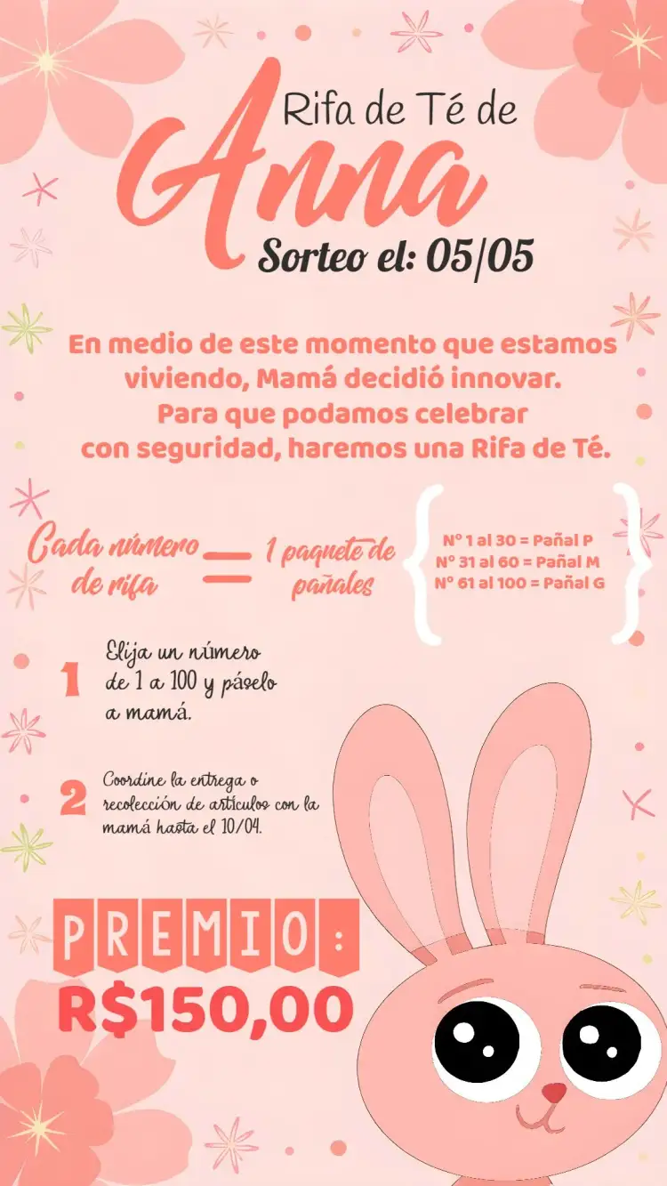Invitación Té Rifa Conejita Rosa – tema Té Rifa colores suaves, estilo lúdico, elementos gráficos de animales, fondo rosa, detalles en blanco y negro, diseño minimalista