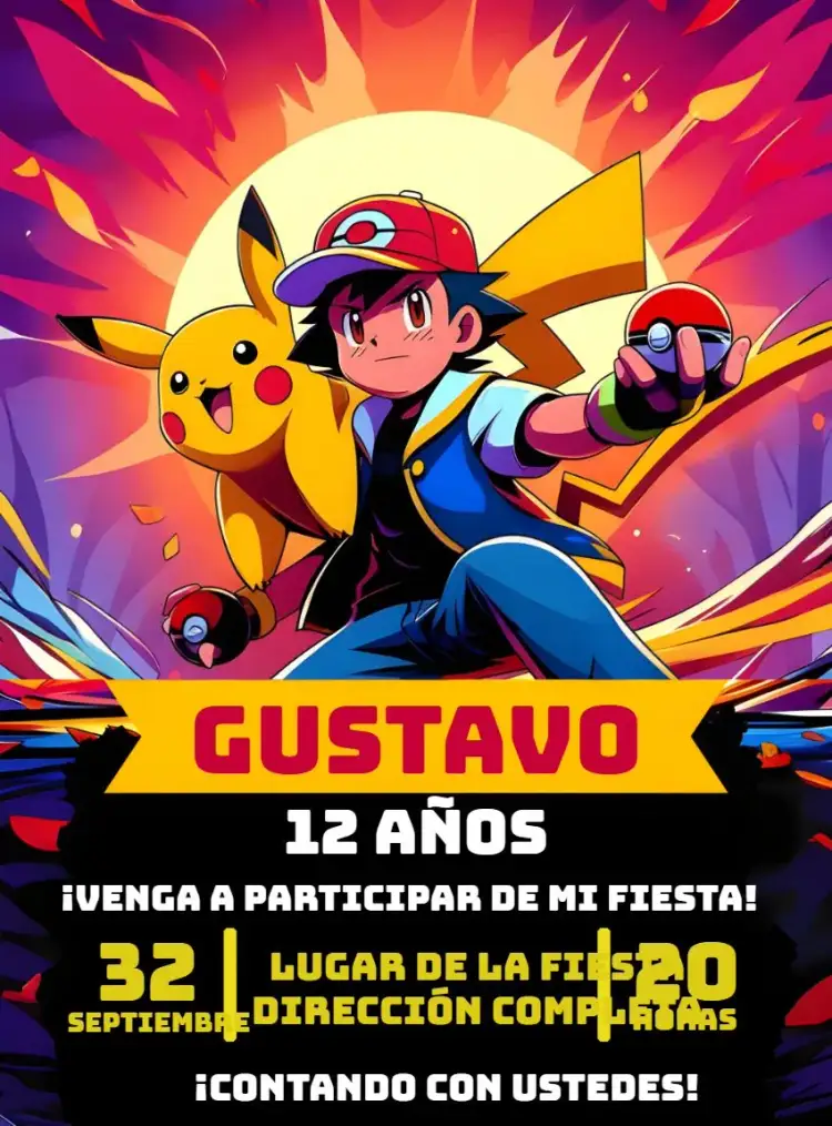 Invitación Pokemon Chico – tema Más buscados colorido, temático, divertido, jovial, aventura