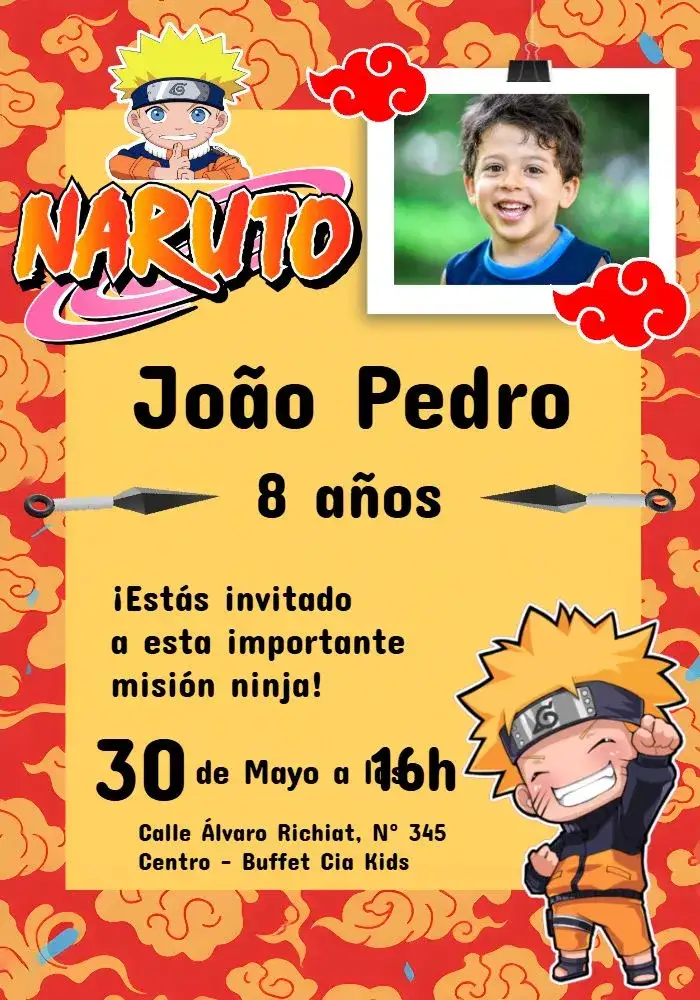 Invitación Naruto Chibi Con Foto Amarillo – tema Cumpleaños Infantil anime, chibi, colorido, divertido, temático