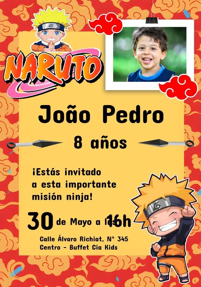 Invitación Naruto Chibi Con Foto Amarillo