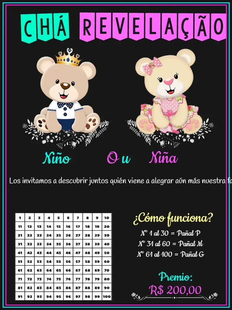 Invitación Baby Reveal Tea Boy Or Girl Teddy Bear – tema Revelación Bebé lindo, colorido, moderno, infantil, divertido, animales