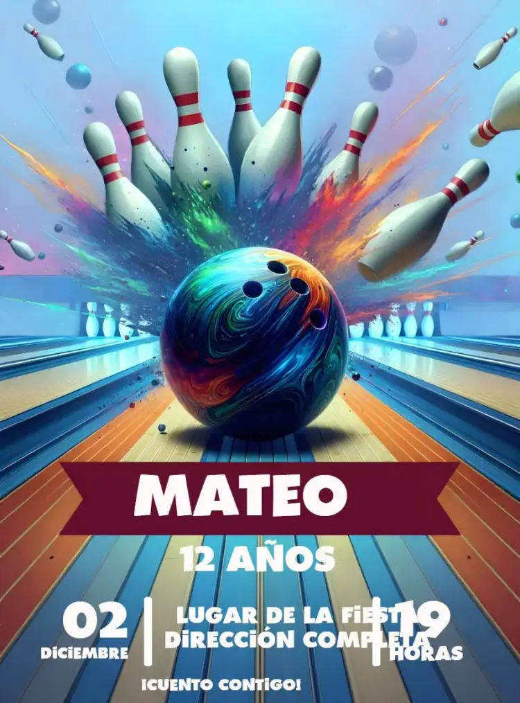 Invitación Boliche Shopping – tema Más buscados colorido, deportivo, divertido, moderno, infantil, dinámico